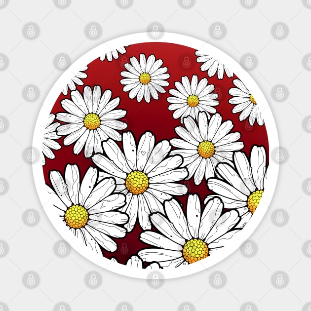 daisies retro style pattern on a dark red maroon background Magnet by weilertsen